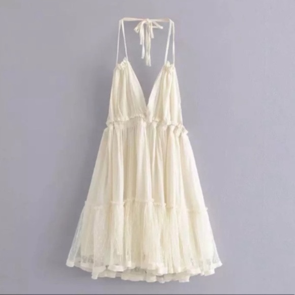 Ivory Swiss Dot Mesh Boho Halter Mini Dress - Picture 7 of 7